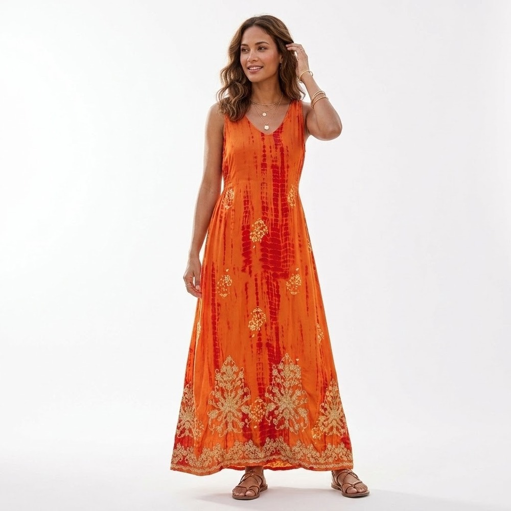 Soft Surroundings Size-L Maxi Dress Orange Tie Dye Metallic Gold Embroidered